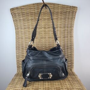 B. Makowsky Black Leather Shoulder Bag Purse Silver Tone Studs Hardware